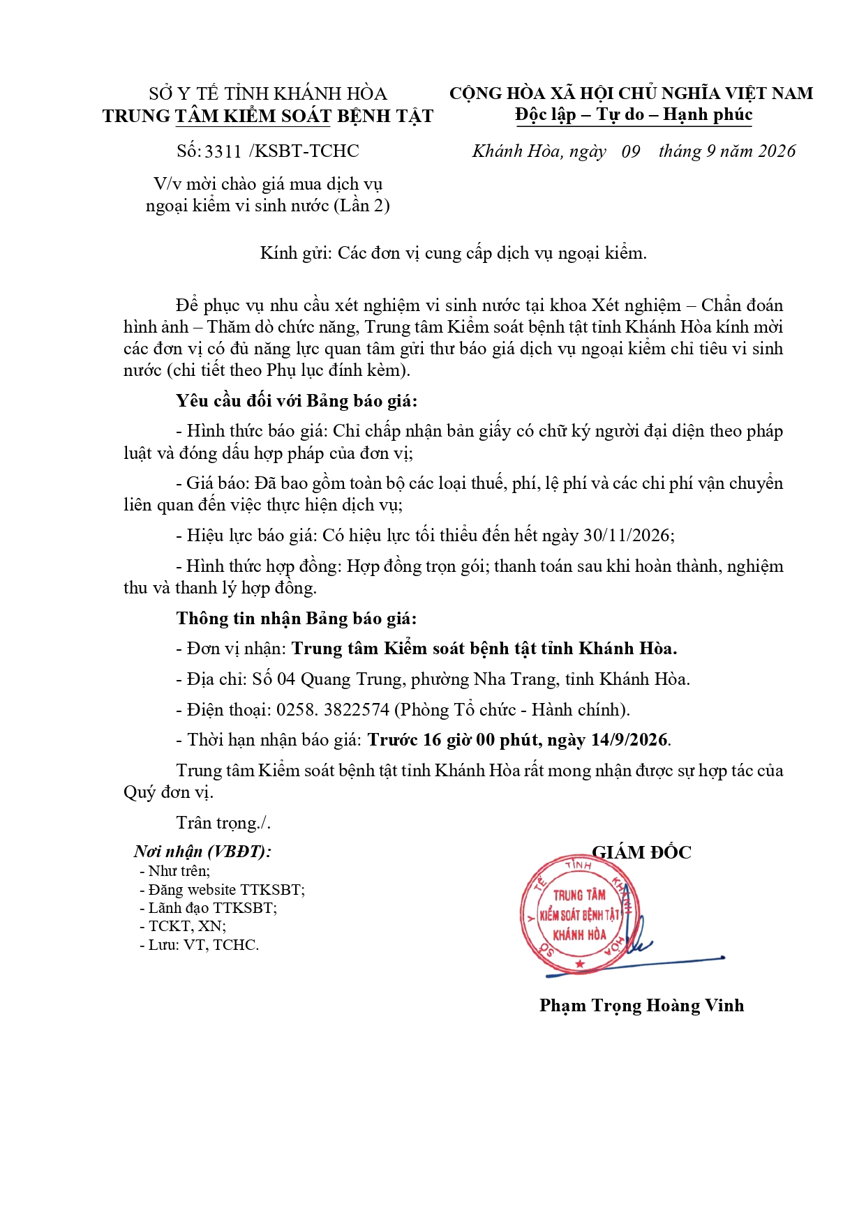 V/v mời chào giá mua dịch vụ ngoại kiểm vi sinh nước (Lần 2)